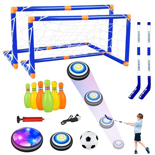 deAO 4 en 1 Balón Flotante Recargable con LED - Set Fútbol, Hockey y Bolos: Incluye 2 Porterías, 2 Palos, Balón Flotante, Hockey, Fútbol, 6 Bolos- Juguetes Niños 3-12 Años Interior/Exterior Regalos