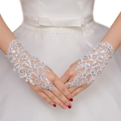 yeeplant Fashion Courtesy Brauthandschuhe - Kurze Spitze mit Strass Sommer Hochzeit Dekorative Handschuhe Casual Foto, White16, One size