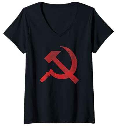 Damen Vintage CCCP UdSSR Hammer Sichel Flagge Sowjetische Guerilla T-Shirt mit V-Ausschnitt