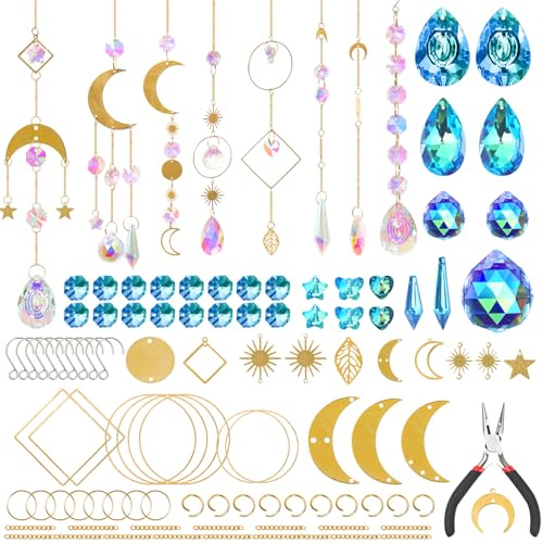 UXORSN 370Pcs Crystal Suncatcher Kits DIY Sun Catchers Making Set Stained Crystals Beads Gold Pendants with Chain Rainbow Maker Hanging Prisms for Window Indoor Outdoor Garden Decor