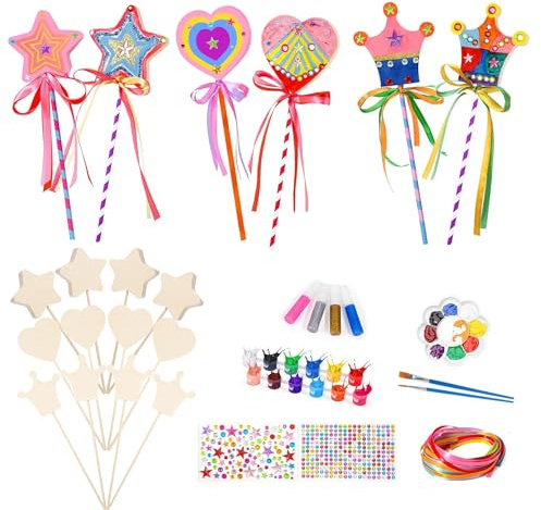 Dimoxii 12 Pezzi Bacchette Magiche in Legno, Bacchette da Fata e Principessa per Bambini, Kit Fai da Te da Dipingere, Artigianato Creativo per Ragazze (Stella+Cuore+Corone)
