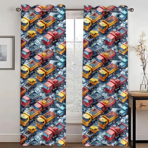 KARPIX Cartoon-Auto Vorhang Blickdicht, Traktor Feuerwehrauto Fenstervorhang Polyester mit Ösen für Jungen Mädchen Kinderzimmer Schlafzimmer Wohnzimmer (2,220x215cm(2x110x215cm))