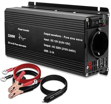 Pure Sine Voltage Inverter Power Inverter 1000W 1500W 2200W 2600W DC 12V to AC 220V, Converter Adapter with Dual USB 3.1A EU/Universal Sine Wave (2200W 50Hz EU)