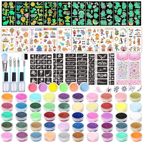 TEUVO 50 Farben Glitzer Tattoo Set Kinder, 132 Temporary Schablonen, 6 Gläser Glow in the Dark Powder & 10 Leuchtaufkleber für DIY Schminke Halloween Karneval Weihnachten Geburtstag