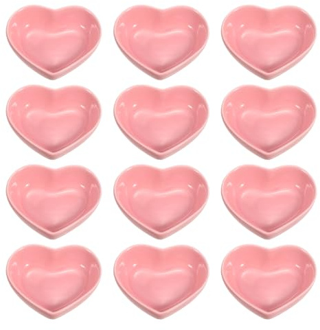 sourcing map Pink Heart-Shaped Ceramic Side Dipping Bowl, 3 Porcelain Dish Bowl Set of 12, Mini Appetizer Plates Seasoning Dishes for Kitchen Home Wedding Party Restaurant