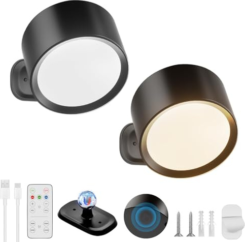 VIIVUU Akku Wandleuchte Innen mit fernbedienung,10 Helligkeitsstufen & 3 Farbmodi, Wandlampe Ohne Stromanschluss 360° Drehbar, LED Wandleuchte Kabellos Magnetisch, USB Wandlampe 2 Stück