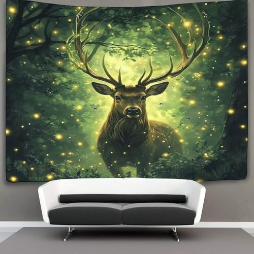 OSBELE Microfaser Flauschiger Wandteppich Mit Grüner Wald Wandbespannung Oder Deckenbespannung Wandtuch (100cmx150cm,Hirsch)