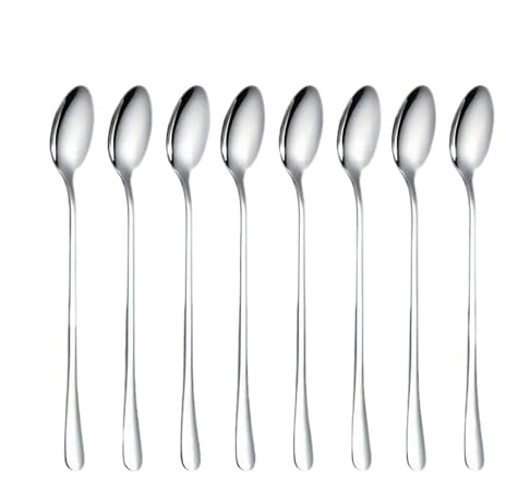 Cuillère longue – Cuillères à latte à long manche | 8 cuillères à café glacées en acier inoxydable de 20 cm, ensemble de vaisselle pour crème glacée, dessert, cocktails