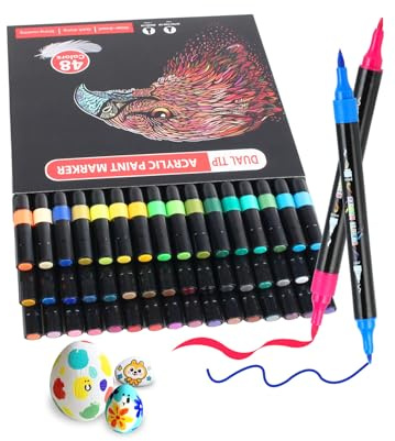 48 Farben Acrylstifte Set mit Doppelspitze, Acrylstifte für Steine Wasserfest (Pinsel & Feine Spitze), Acrylic Marker für Kinder & Erwachsene, Acryl Marker Für Holz, Leinwand, Stein, Glas, Keramik