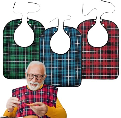 xutong Plaid Lätzchen Set,Lätz für Erwachsene，3 Stück, Verstellbare Verschlüsse, 50x35cm, Grün/Blau/Rot Kariert, Esslätzchen für Senioren