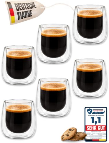 LAPRESO® Espressotassen doppelwandig 6er Set 80ml - Doppelwandige Kaffeegläser Espressogläser modernes Design Kaffeetassen aus Borosilikatglas