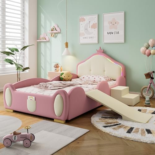 KAZZIO Cama tapizada, 90 x 200 cm, con tira LED multimodo, cama infantil con tobogán pequeño y escalera, con bordes suaves protectores, con listones de madera, poliuretano, rosa y beige