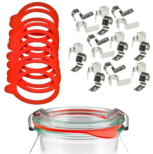 mikken Einmach-Set 10 Weckringe 54x67 mm Gummiringe für Weckgläser 6 cm und 20 Metallklammern