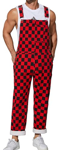Odefou Checkered Pants Mens Overalls Bib Coveralls Cute Stretch Jeans Jumpsuit(Buffalo Plaid,M)