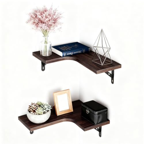 2er Set Wandregal, L-förmige Eckregal, Schwebende Eckregale, Eck-WandregalS Wandregal Holz, Regale für Wandaufbewahrung, Wandhalterung Holzdisplay Regal für Wohnzimmer Schlafzimmer Küche (Braun)