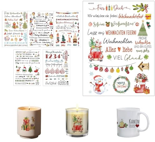 LUMOOM 6 Stück Rub On Weihnachten, DIY Transferaufkleber für persönliche Geschenke, Selbstklebende Rub On Folie für Möbel, Keramik & Acryl, Kreative Kerzen Aufkleber (Farbe)