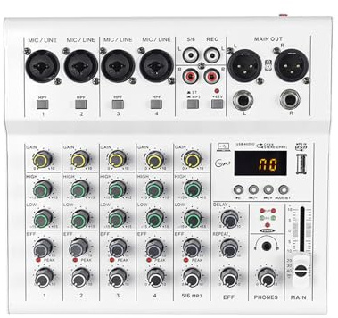 Fockety 6-Kanal-Audiomixer, Professioneller DJ-Mixer mit USB, Bluetooth, 48-V-Phantomspeisung und MP3-Player, DJ-Controller-Soundboard-Konsole für Studio, Aufnahme, Streaming (WHITE)