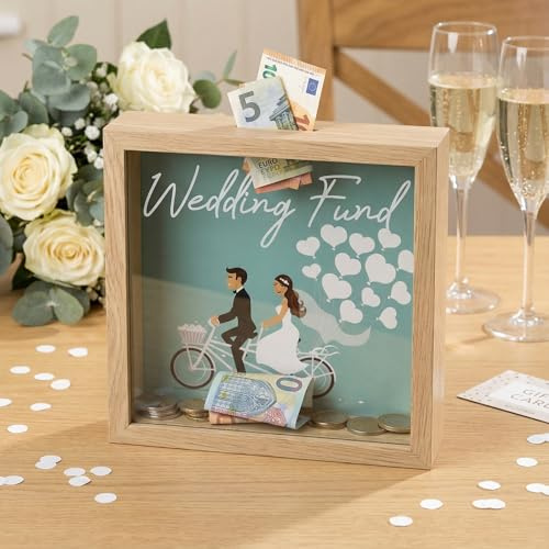 MIJOMA Spardose aus Holz mit Glasfront – dekorativer Sparrahmen für Geldgeschenke zu Hochzeit, Geburtstag, Reise & mehr – kreative Geldbox (Wedding Fund - naturfarben, 20 x 20 x 5 cm)