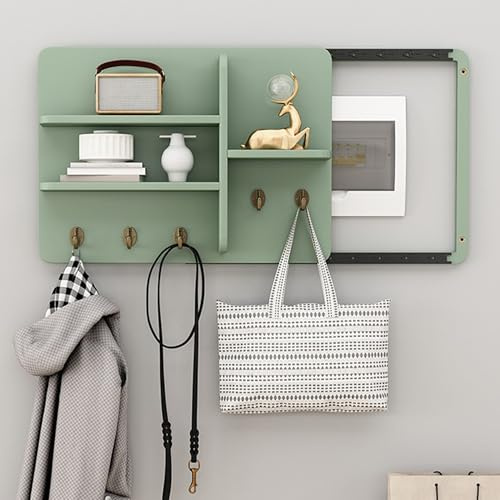 XCLOOZGL Cache Compteur Electrique avec Étagère Et Crochets, Cache Tableau Electrique Decoratif en Bois, Coffret D'habillage Tableau Électrique Art Mural pour Couloirs, Salons,Vert,45x55cm