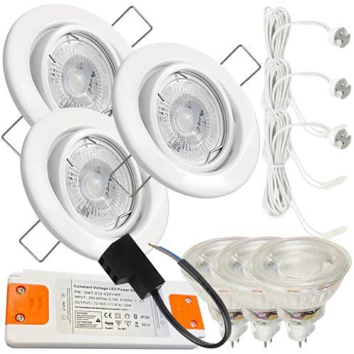 LED Einbauleuchten 12V schwenkbar 3er Set – MR16 5W - Warmweiß (3000k) mit AMP-Stecksystem, 120 cm Kabel pro Lampe und Trafo – 55 mm Einbautiefe – Deckenstrahler in Weiß für Wohnbereiche, Küche, Flur