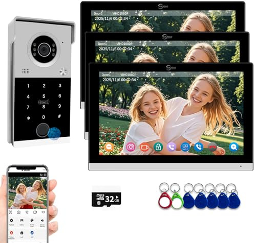 Wired Video Door Phone Kit Apartment Intercom System,10 Inch Touch Monitor with 1080P Doorbell,Supporting Fingerprint,RFID Card,Password Unlock for Home Villa Tuya,32G (1 Doorbell + 3 Monitor)