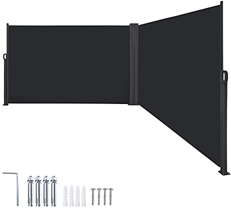 Ferzone 200 x 600cm Doppel Seitenmarkise Ausziehbar, Garten Sichtschutz aus Aluminium, Sonnenschutz Windschutz Wasserdicht Blickdicht Seitenrollo für Balkon, Pool und Terrasse, Dunkelgrau