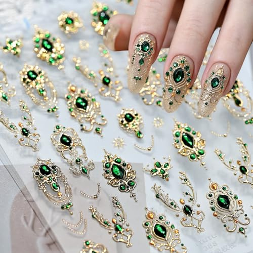 Cosblisvia Nagelsticker 5D Relief, Gold Edelstein und Grünes Zepter Design, Selbstklebende Nail Art Aufkleber, Exquisites Nagel Zubehör für Frauen, DIY Maniküre, Salon, Hochzeit