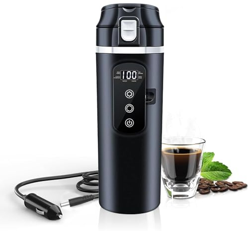 Car Kettle 12V/24V Kettle for Car, Travel Car Kettle with Cigarette Lighter Plug and LED Display, Adjustable Temperature and Automatic Switch-Off, 500ml Electric Heating Cup for Cars and Trucks