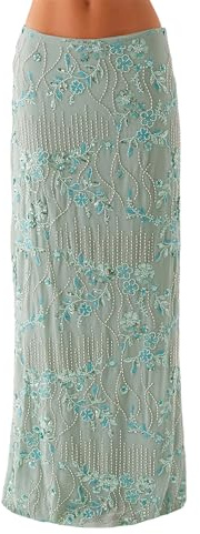 Kfsghdnz Women Sequin Floral Maxi Skirt Summer Y2K High Waist Beaded Rhinestone Sparkle Bodycon Skirt for Party Evening (Mint A, XL)