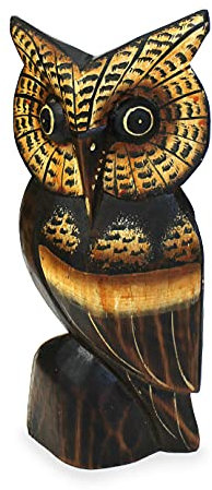 Deko Figur Eule Athene 20 cm, Holz braun beige, Holzfigur Holzeule Kautz Uhu Kunsthandwerk aus Bali handgefertigt Unikat