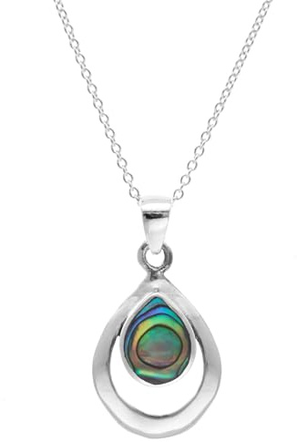 Silverly Collar Concha Abulón Plata 925 Forma Lágrima Abierta Mujer | Colgante Concha Paua Forma Pera Plata de Ley Cadena Eslabones 45cm | Joyería Minimalista Sencilla Piedra Natal Costera.