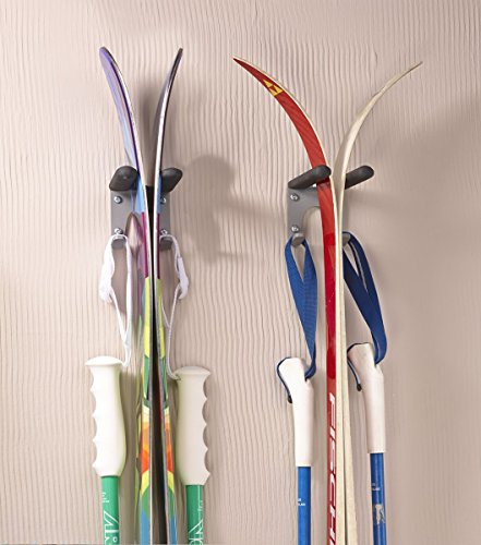 Gancio e Supporto per Sci e Bastoni - Robusto e Resistente - Doppio Gancio - Risparmia Spazio nel tuo Garage o Ripostiglio - Colore Nero - Gancio di Ancoraggio a Parete - Dicoal