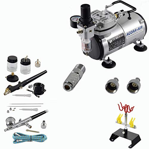 Agora-Tec® Airbrush Komplett-Set EXPERT IV.1, inkl. Kompressor mit 4 bar & 20l/min + 2 Airbrushpistolen mit 0,2 & 0,3 & 0,5 & 0,8mm Nadeln/Düsen + 2 Schnellkupplungen + 4-fach Halter + 1 Schlauch + Adapter