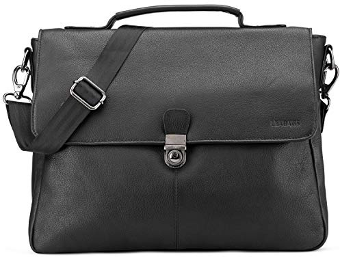 LEABAGS läder axelväska herr portfölj vintage laptopväska messengerväska för 15 tum bärbar dator, axelväska med axelrem, notebookväska läder, arbetsväska, axelväska, Nappa svart, Texas, Bohemisk