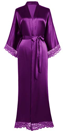 Coucoland Kimono Robe de Chambre longue Satin Robe de Nuit avec Bordure en Dentelle pour Femme Taille Unique