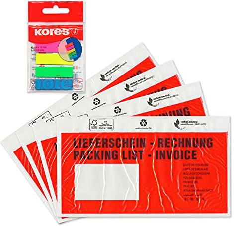 WPTrading - 5.000 x Lieferscheintaschen 230 x 110 mm in DIN-LANG Rot Lieferschein/Rechnung inkl. 125 Page-Marker in 5 Farben - Dokumenten-Taschen selbstklebend - Begleitpapiertaschen für Versand