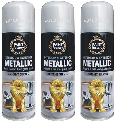 HitlineUK Bright Silver Spray Paint Metallic 200ML Brilliant Gloss Finish Aerosol Spray Paint Interior & Exterior Decorative Metal, Wood, Ceramic (3 Cans)