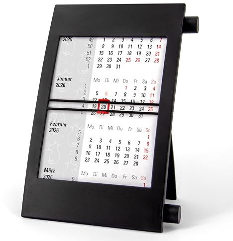 Truento 3-Monats-Tischkalender KATZE für 2 Jahre (2026 & 2027) - mit Drehmechanik - schwarz/schwarz/rot