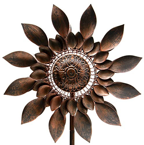 HAFIX Windrad Windkamille 3D Optik Ø61cm. Windspiel für den Garten aus Metall. Windmühle mit Höhenverstellung dekorativ einzigartiger Blickfänger, wetterfest & UV-beständig Deko in Kupfer H: 187cm.