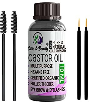 AFRO Castor Oil 100% pure certified (10ml) w/Free 2 Lash&Brow Brushes - Cold Pressed Castor Oil for Eyelashes, Hair Growth, Beard, Body, Face, Nail, Skin Care