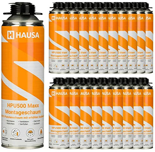 HAUSA Montageschaum HPU500 Maxx 20x 500ml grau B2 Pistolenschaum zum Verfüllen, Dämmen & Abdichten, extrem hohe Ausbeute, ausgezeichnete Dämm- & Isoliereigenschaften, Bauschaum für Schaumpistolen