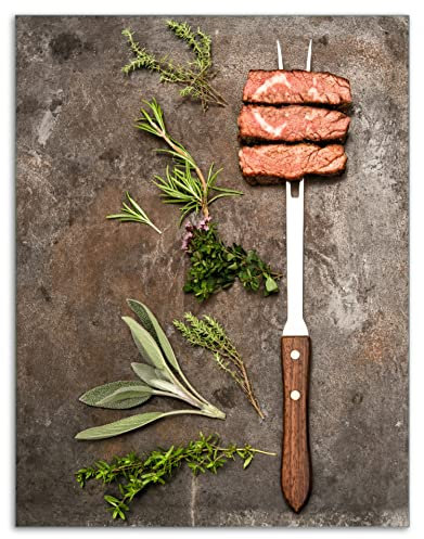 Wallario Herdabdeckplatte/Spritzschutz aus Glas, 1-teilig, 40x52cm, für Ceran- und Induktionsherde, Grillfleisch mit frischen Kräutern