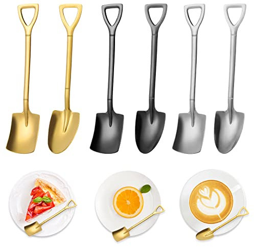 Molain Cucchiai a pala, 3 cucchiai a pala + 3 cucchiai appuntiti, in acciaio inossidabile, cucchiaini da caffè, gelato, cucchiaini da tè per casa, ufficio, feste (argento, nero, oro)