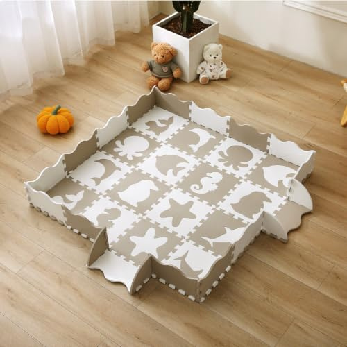 INTOMENG Alfombra Puzzle Infantil para Bebe Niños Alfombrilla Juego Puzzle con Valla 16+20 Piezas Colchoneta Rompecabezas bebé Suelo Acolchado para Bebes Acolchado Tapete Gateo 142×142×1cm