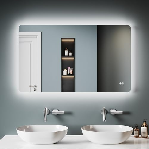 SONNI LED-badrumsspegel på 100 x 60 cm, badrumsspegel med belysning, kallvit, 6 400 K, väggspegel, spegel med pekbrytare, väggspegel