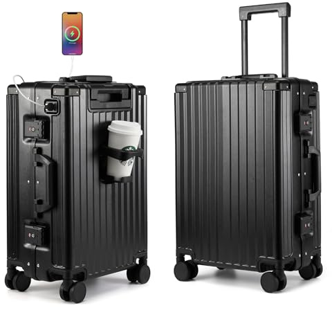 MYER Hard Case 24 Inch Checked Luggage with Spinner Wheels,Aluminum Luggage with 100% 3-Layer PC,Hard Shell Suitcases with Wheels,Cup Holder and USB Port