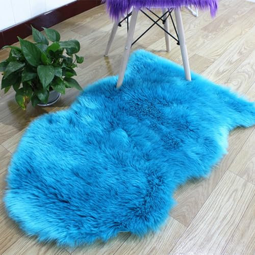 CHUYIX Alfombras mullidas de felpa, alfombra de felpa artificial, alfombra suave, alfombra antideslizante de piel de cordero, alfombra redonda de piel de cordero, para dormitorio, salón, azul, 60 x 90