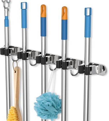 Cheerhom Besenhalterung Wand, mit 5 Halter+4 Haken, Selbstklebend Besenhalter, Rostfreie Stähle Wandhalterung Besen，Wandmontage Gartengerätehalter für Küchen, Bäder, Gärten