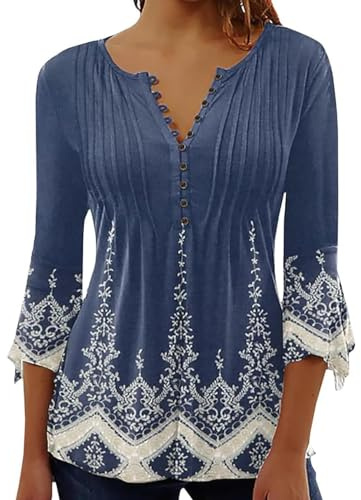 ABYOVRT Blusa de Mujer Camisa Elegante Manga 3/4 Cuello V Estampadas Camiseta Casual Holgada Verano,Azul-2,L