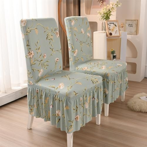 Chickwin Stuhlhussen mit Rüschen, Stuhlbezug mit Rock 2/4/6/8er Set, Universal Elastisch Stuhlbezüg Stretch Esszimmerstuhl Abdeckung Hochzeit Stuhlhusse Abnehmbar (Blumen Blätter,6 Stück)
